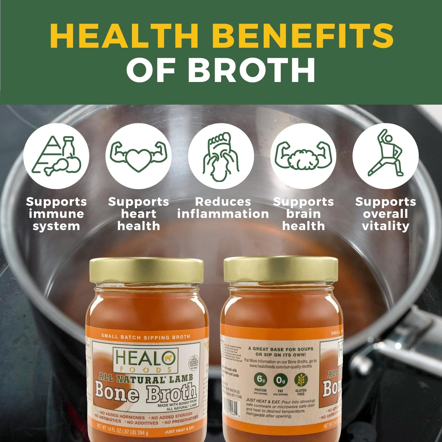 Healo Foods Lamb Bone Broth, Gluten-Free, Non-GMO, Fat-Free, 14 Fl Oz