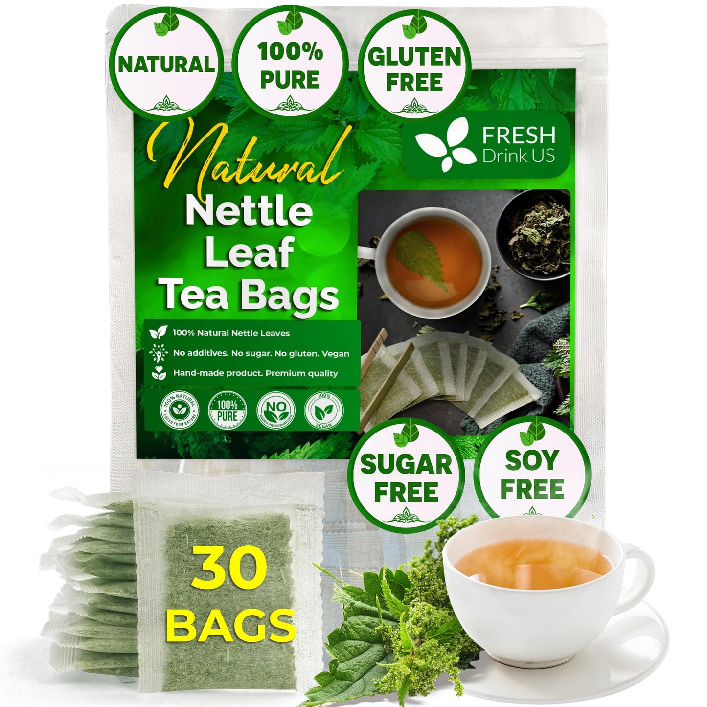 FRESHDRINKUS Nettle Leaf Tea Bags, 100% Natural Herbal Tea, 30 Bags, Vegan, No Sugar, No Caffeine, No Gluten