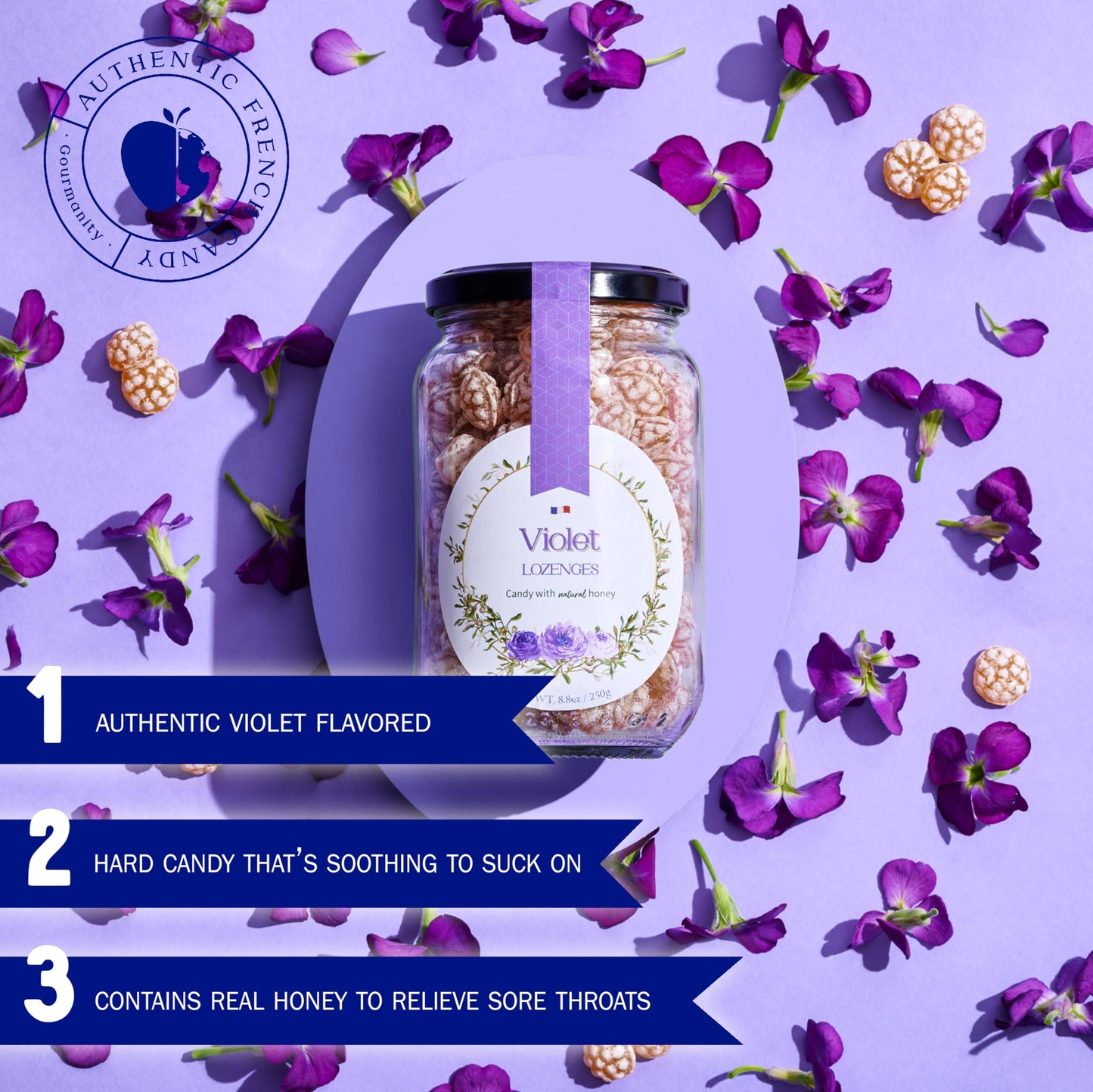 Gourmanity Violet Flavor Honey Lozenges Made With Real Honey And Natural Violet Flavor, Luxury French Honey Candy, Great For Soo