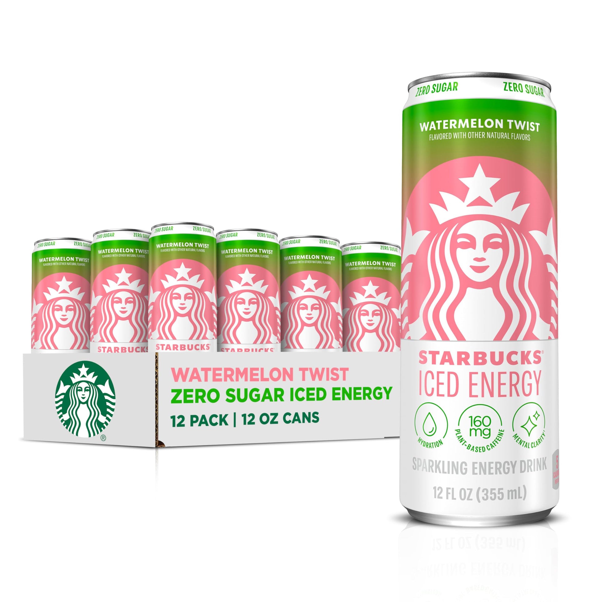 Starbucks Iced Energy Drink, Watermelon Splash, Zero Sugar, 12 Fl Oz Cans, Pack of 12