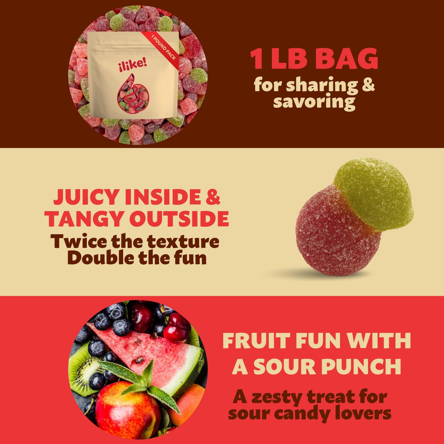 Sour Fruit Jelly Candy Mix | 1 Pound Bag | Vegan Gummies with Real Fruit Puree | Cherry  Watermelon  Peach | Gelatin Free Plant Based Texture | No Artificial Colors or Flavors | Dye Free Candy