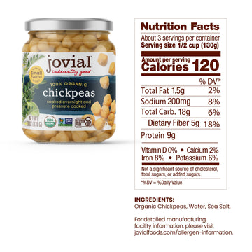 Jovial 100% Organic Chickpeas - Chickpeas, Organic Chickpeas, No Saturated Fat, Gluten Free, Recyclable Glass, Great Source of F