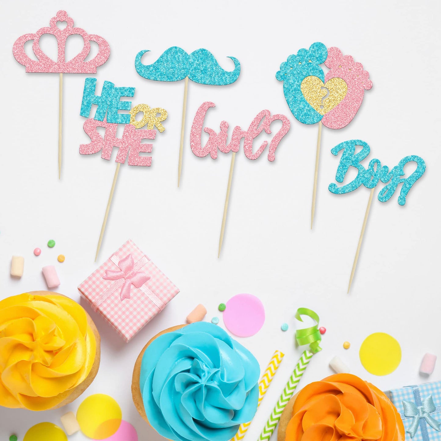 24Pcs Boy Or Girl Cupcake Toppers Pink Blue Glitter Crown Moustache Baby Shower Cupcake Picks He Or She Footprint Cake Topper De