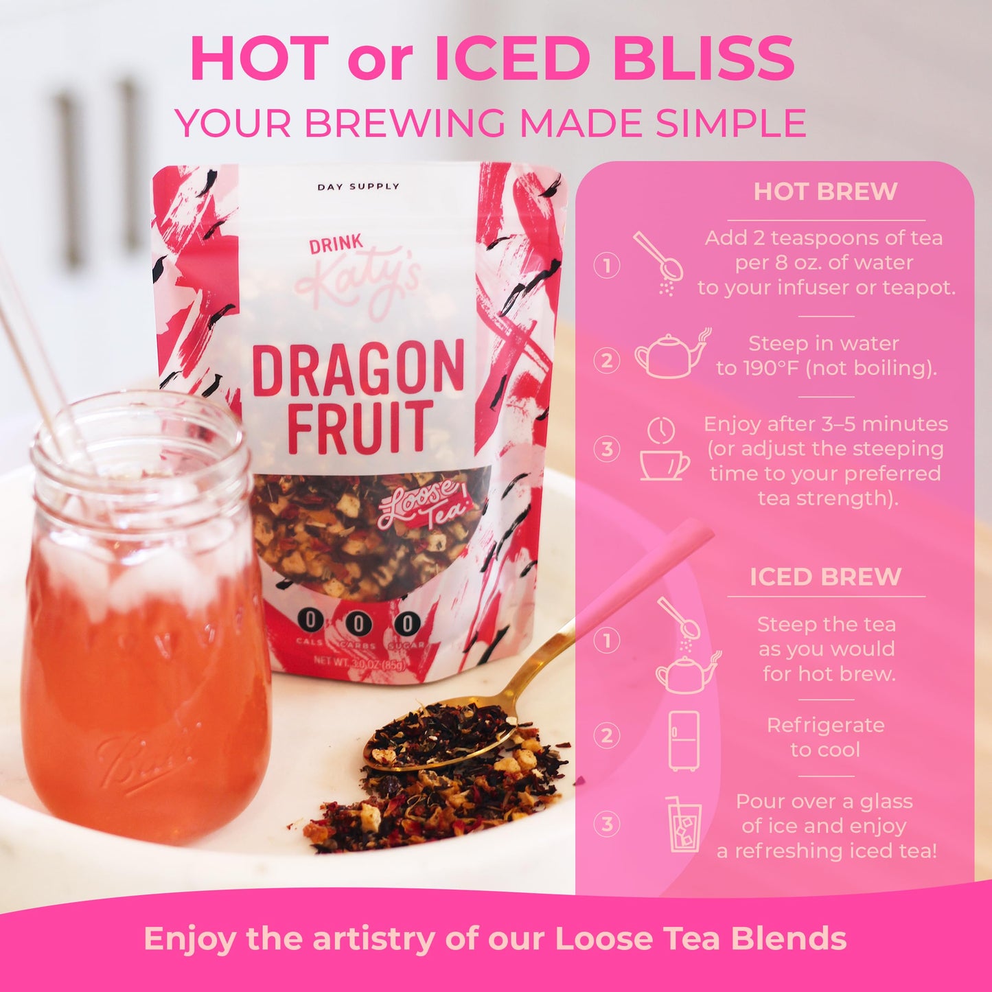 DRINK KATYS Dragonfruit Tea Loose Leaf Herbal, All Natural, Caffeine Free, 3 Ounce
