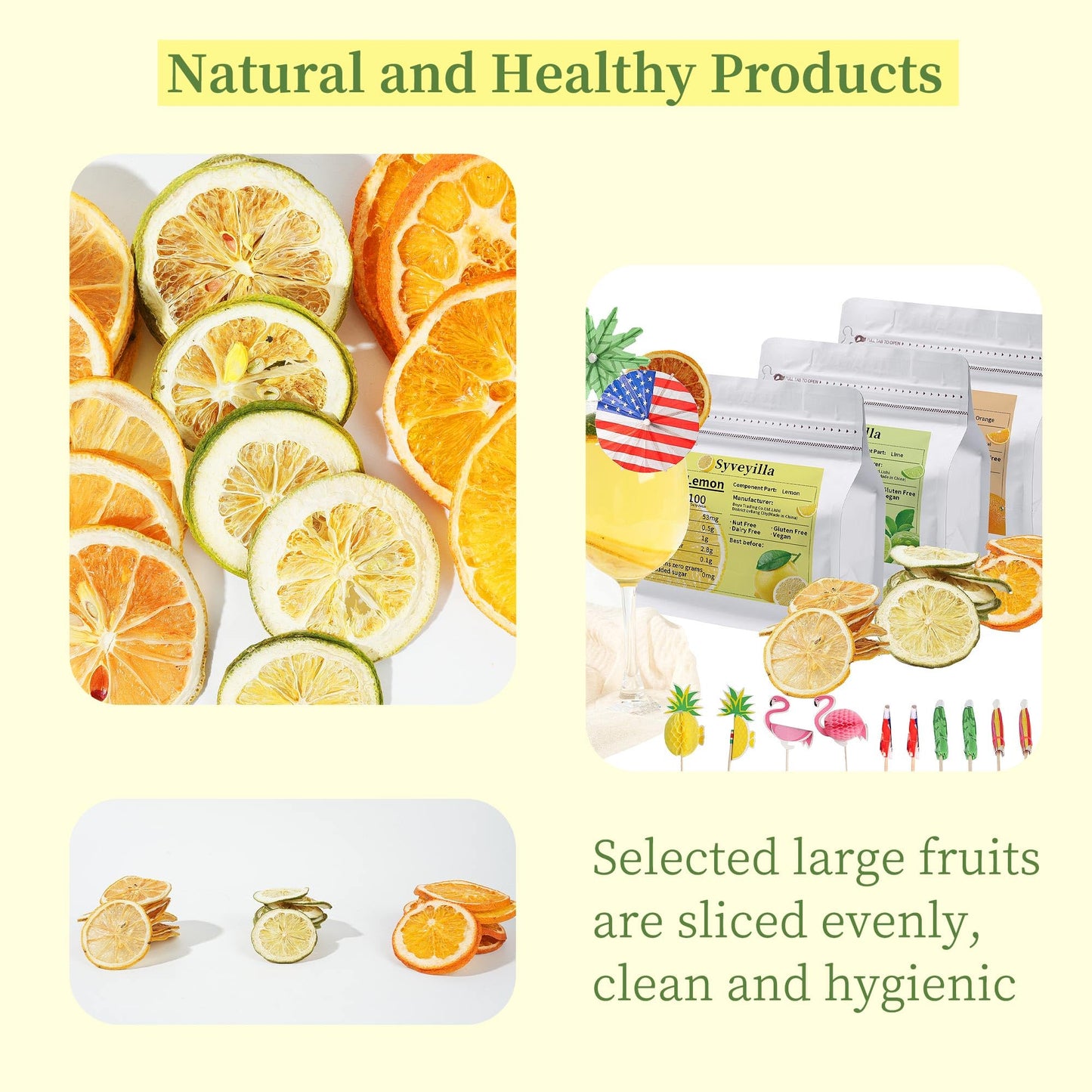 Syveyilla Dehydrated Fruit Slices Cocktail Garnish Set - Dried Orange, Lime, Lemon, 255g/9oz, Includes 10 Drink Umbrella Picks