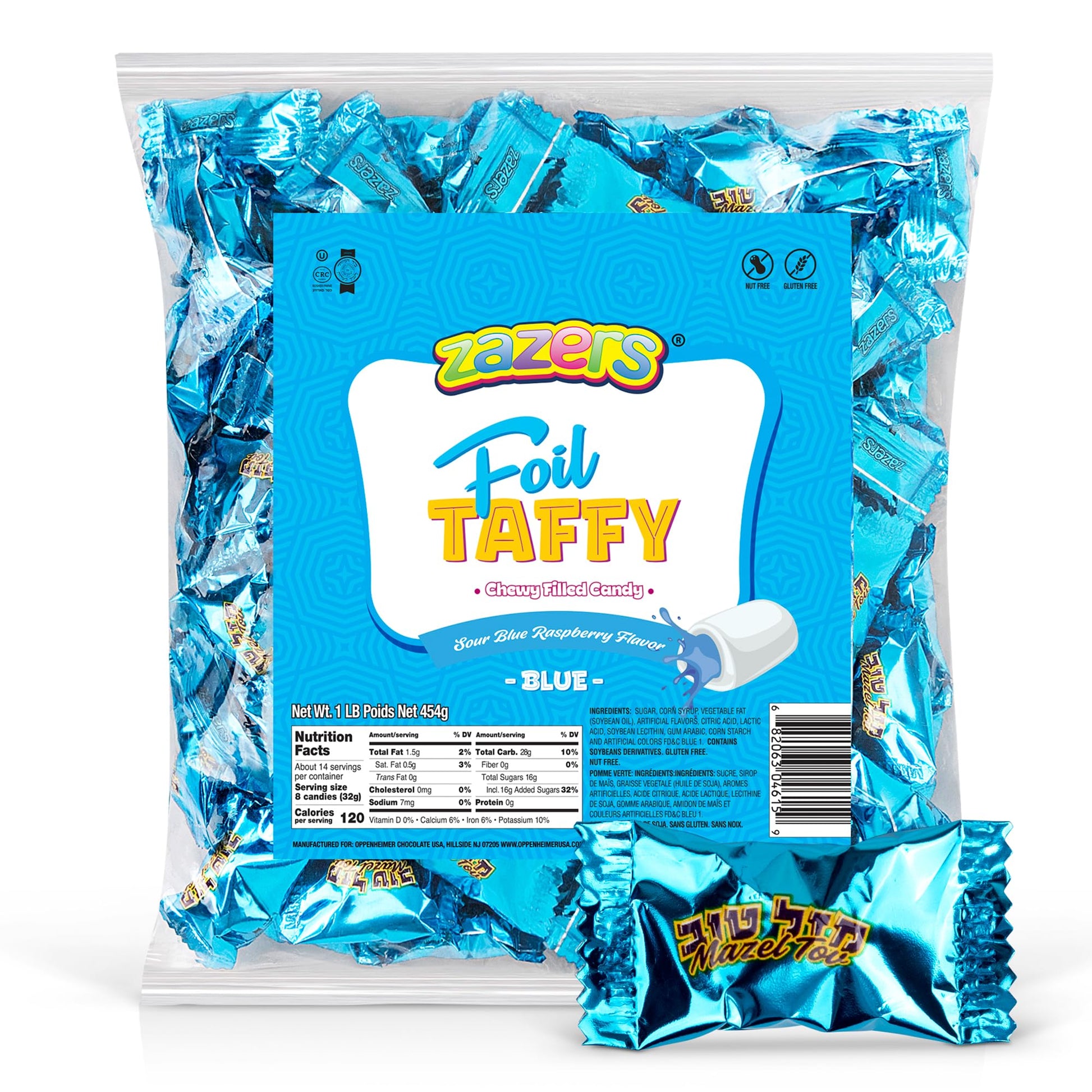 Blue Foils Chewy Taffy Candy, 1-Pound Bag Of Blue Color Themed Kosher Candies Individually Wrapped Raspberry Fruit-Flavored Taff