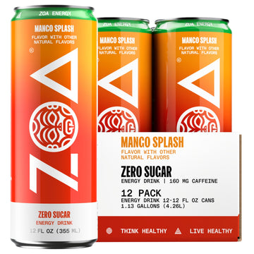 ZOA Zero Sugar Energy Drink, Mango Splash, Sugar Free, with Electrolytes, 12 Fl Oz (Pack of 12)