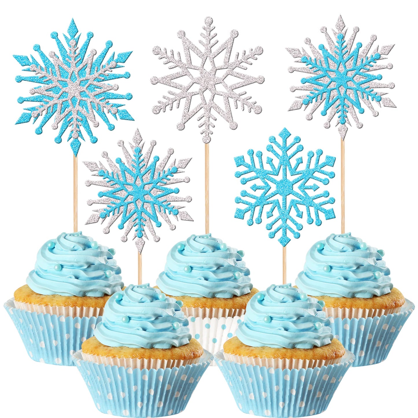 ZHUOWEISM 24 PCS Glitter Snowflake Cupcake Toppers Winter Wonderland Cake Decorations Small Silver Design 6