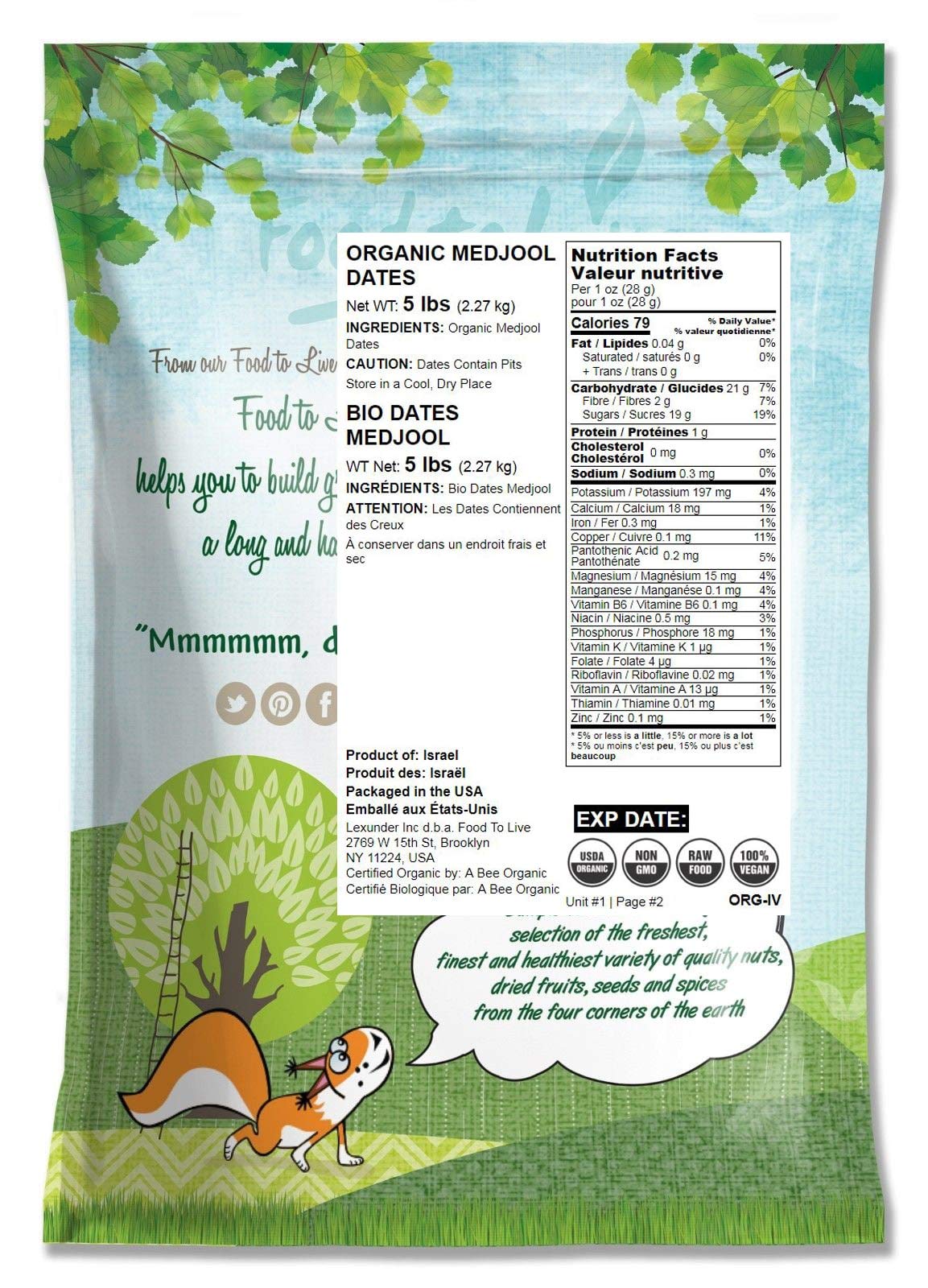 Food to Live - Organic Medjool Dates, 5 Pounds Non-GMO, Whole Dried Dated with Pits, Large Size, Unsweetened, Unsulphured, Vegan