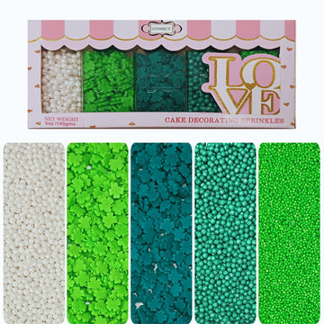 Confect St. Patricks Green & White Pearl Sprinkles | Flower Sprinkles | Leaf Sprinkles | Edible Sprinkles for Baking & Cake Deco