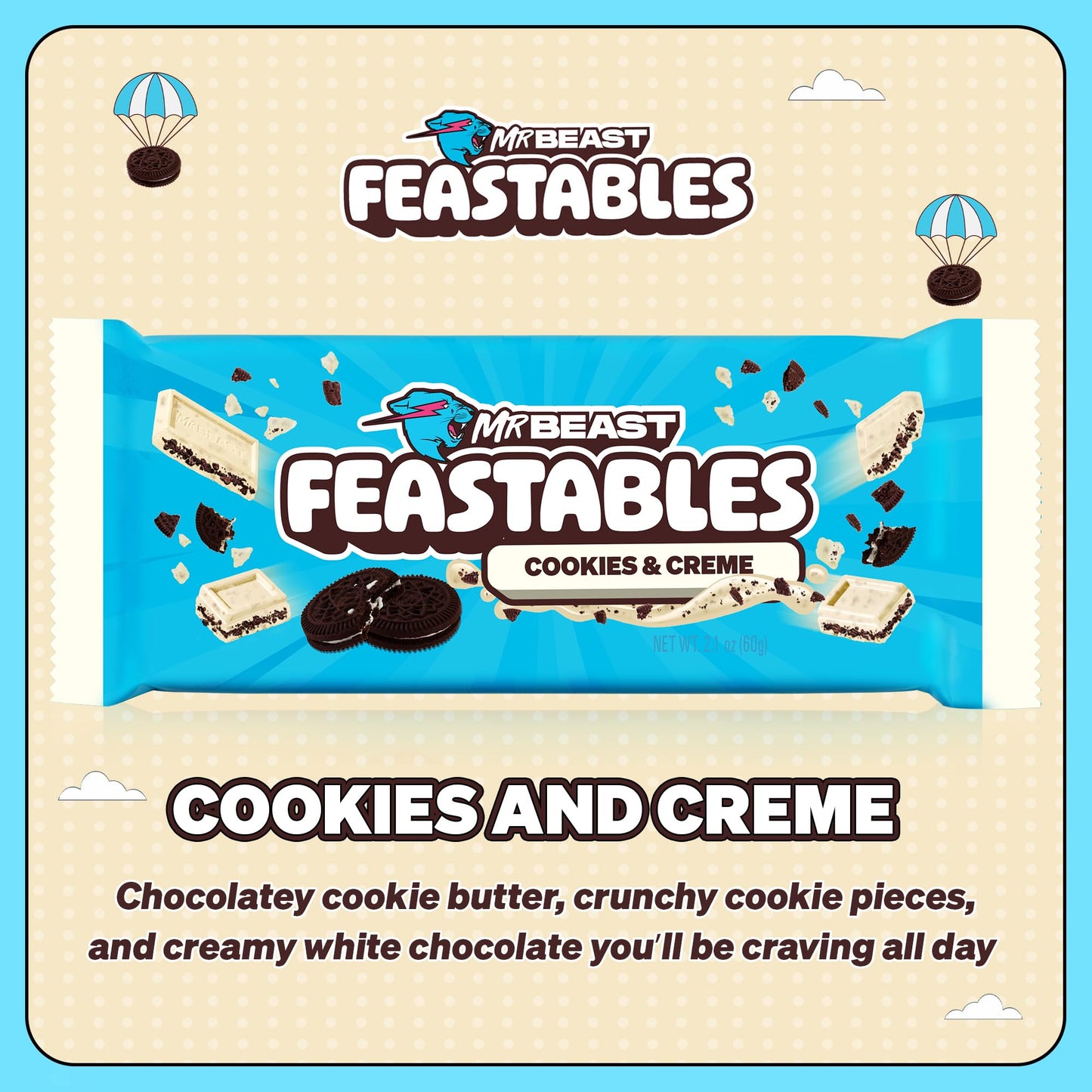 Feastables Cookies & Creme Chocolate Bar, King Size, 10 Count, Fairtrade Cocoa, 2.1 Oz Each