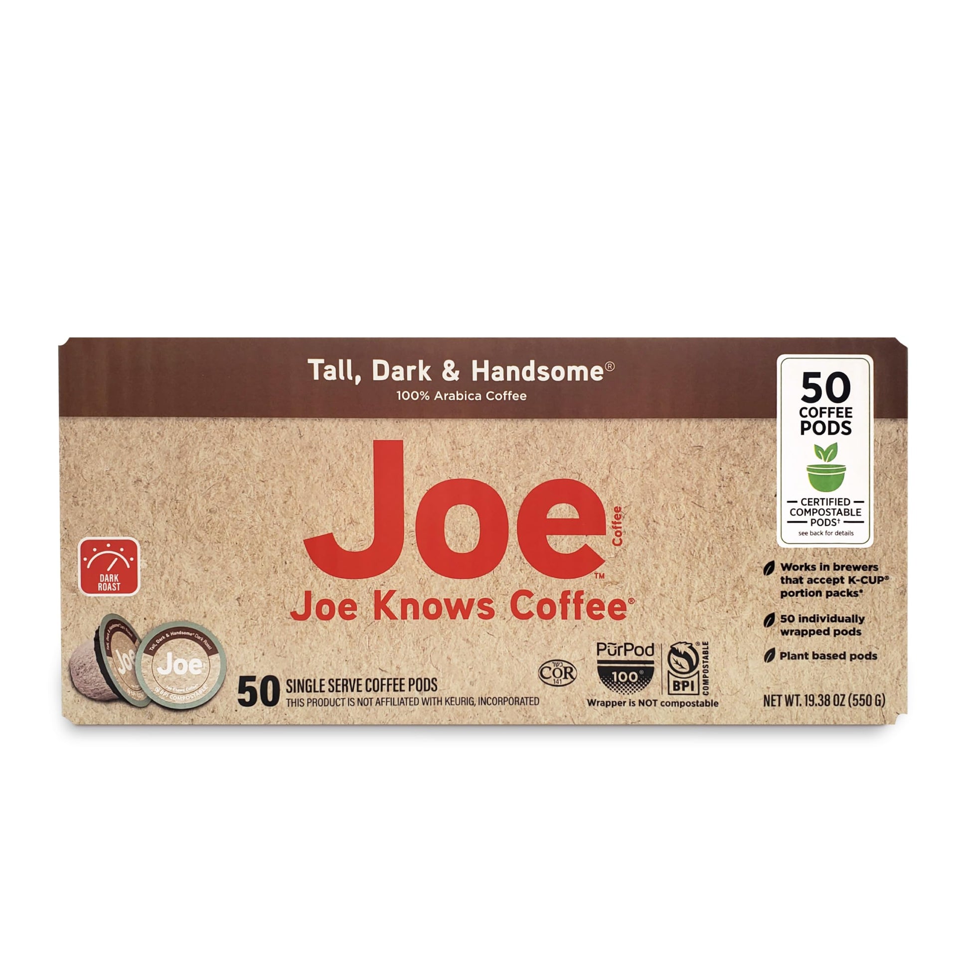 Joe Knows Coffee Single Serve Coffee  Tall Dark and Handsome  50 Count BPI certified compostable pods