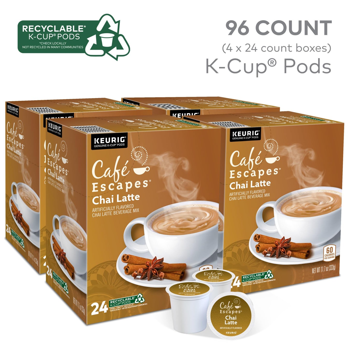 Café Escapes Chai Latte K-Cup Pods, 96 Count, Single-Serve Coffee Pods, Model 5000203028