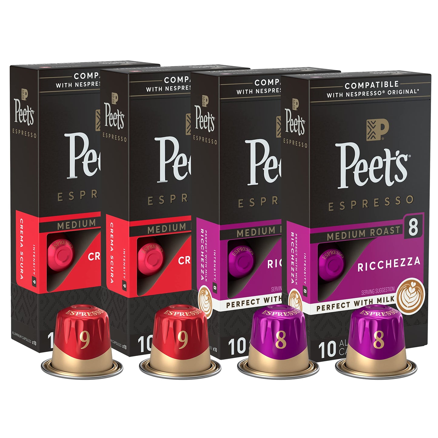 Peets Coffee Medium Roast Espresso Capsules Variety Pack, Compatible with Nespresso, 40 Count (4 Boxes of 10 Capsules), Intensity 8-9