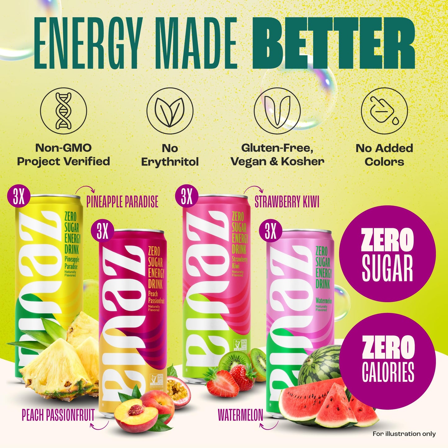 Zevia Zero Sugar Energy Drink Variety Pack, 12 oz Cans, Non-GMO, Gluten-Free, Vegan, 12-Pack