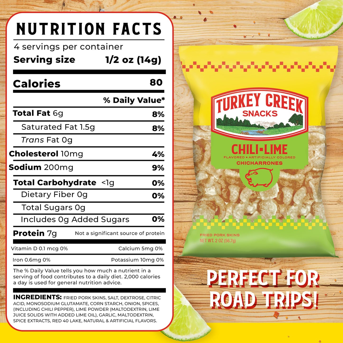 Turkey Creek Chili Lime Chicharrones, Fried Pork Rinds - Chili Lime Flavored Pork Skins - Low Carb, Gluten-Free, Protein Snack -