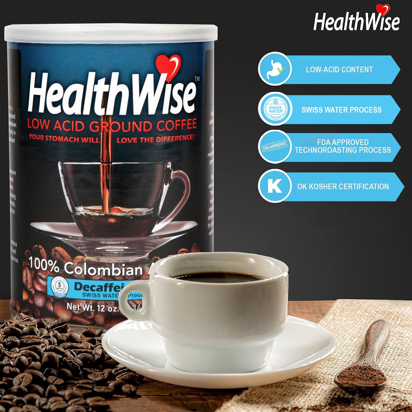 Healthwise Low Acid Swiss Water Decaffeinated Coffee, 100% Colombian Decaf Supremo, 12 Ounce