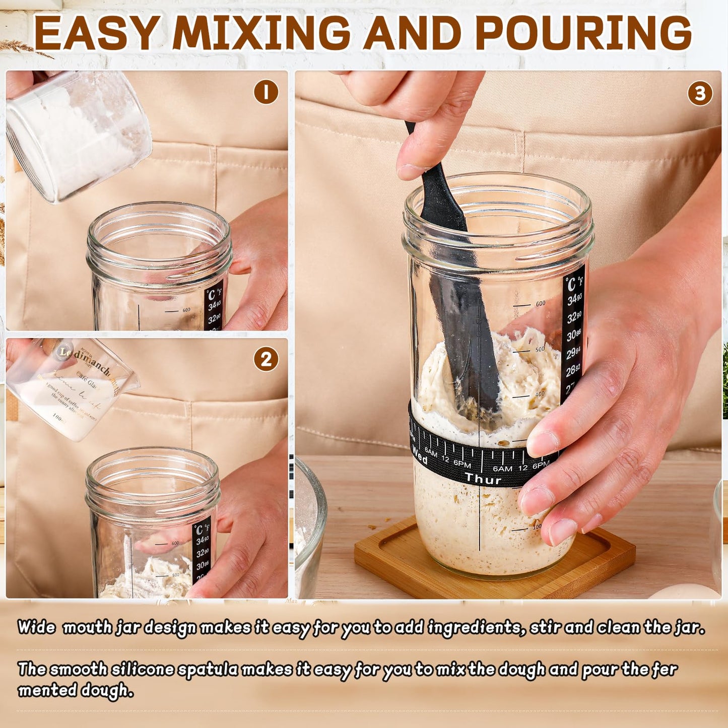 Sourdough Bread Baking Supplies 24 oz Sourdough Starter Jar Glass  Sourdough Starter Kit with Date Marked Feeding Band  Thermometer  Silicone Scr  Sewn Cloth Cover & Aluminum Lid  Sourdough Jar
