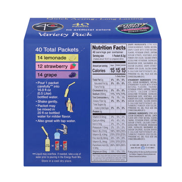 4C Energy Rush PSD Electrolyte Variety Pack Stix, 40 ct (14 Lemonade, 12 Strawberry, 14 G ), 4.35 Ounce
