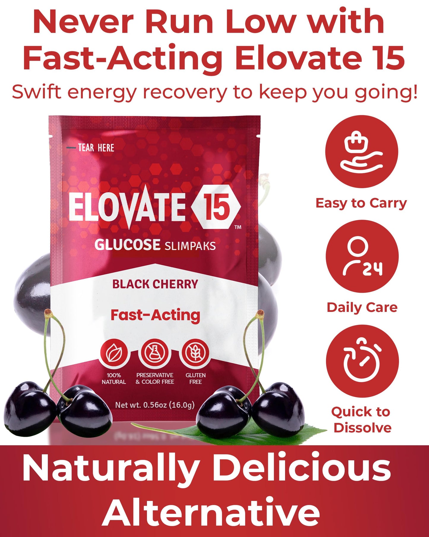 Fast Acting Glucose Powder Packets  Black Cherry - Quick Dissolving  15g Pure  Gluten-Free Glucose Packets | Oral Dextrose Powder for Kids & mature-themeds | Easy-to-Carry Pocket Sized Slimpaks (Pack of 12)