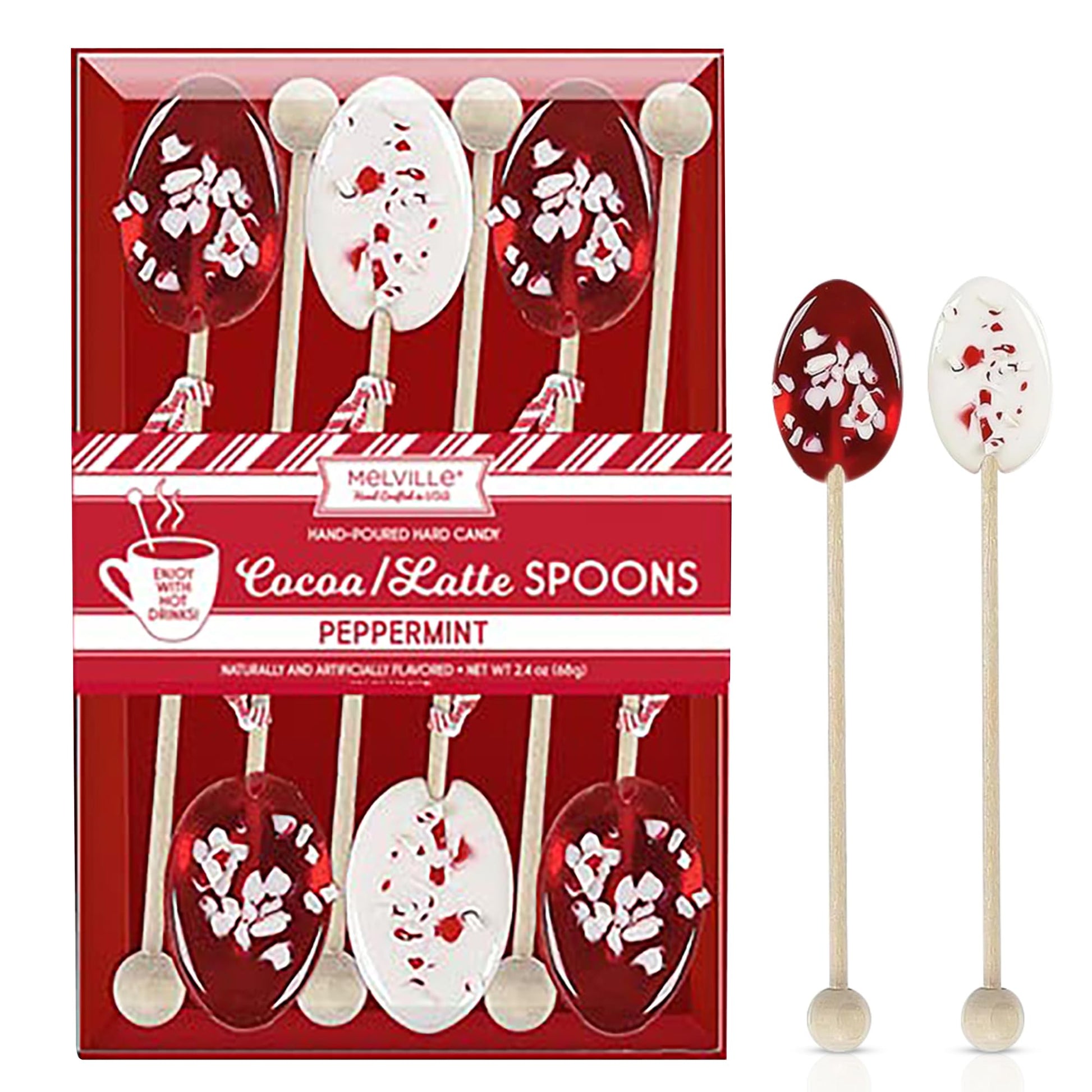 Melville Candy Hot Cocoa/Latte Peppermint Spoon Gift Set – Spoons & Lollipops On Wooden Ball Sticks – Made In The Usa Stirrers For Hot Cocoa, Lattes, Coffee, & Hot Beverages - Individually Wrapped (6-Count, Peppermint)