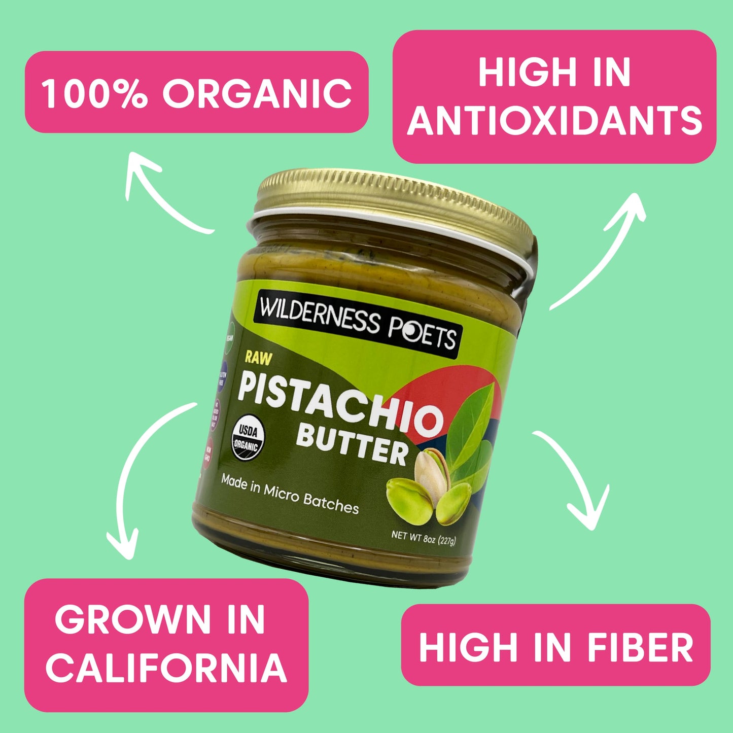 Wilderness Poets, Pistachio Butter - Organic, Raw, 100% Pistachio (64 Ounce - 4 Pound) - Half Gallon Glass Jar - Perfect for Dub