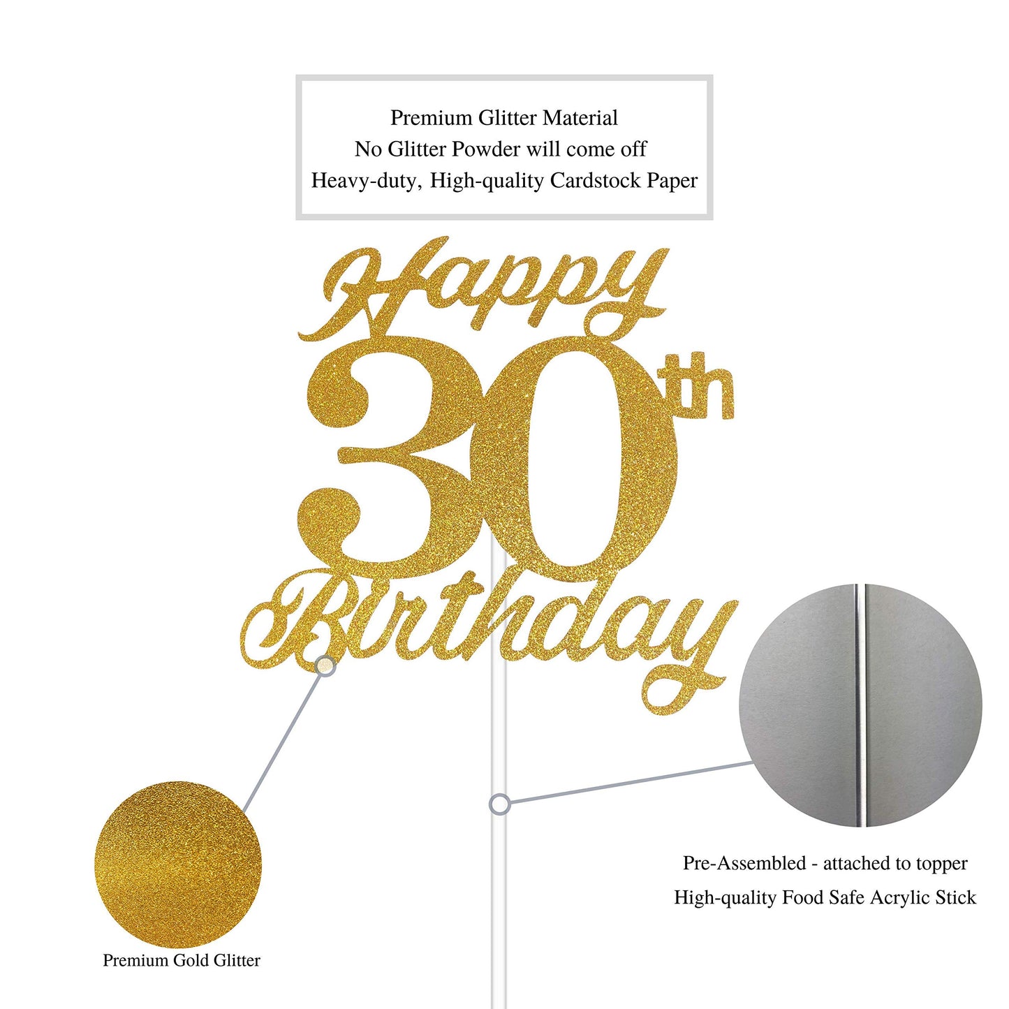 30Th Birthday Cake Topper, 30Th Happy Birthday Party Decoration With Premium Gold Glitter