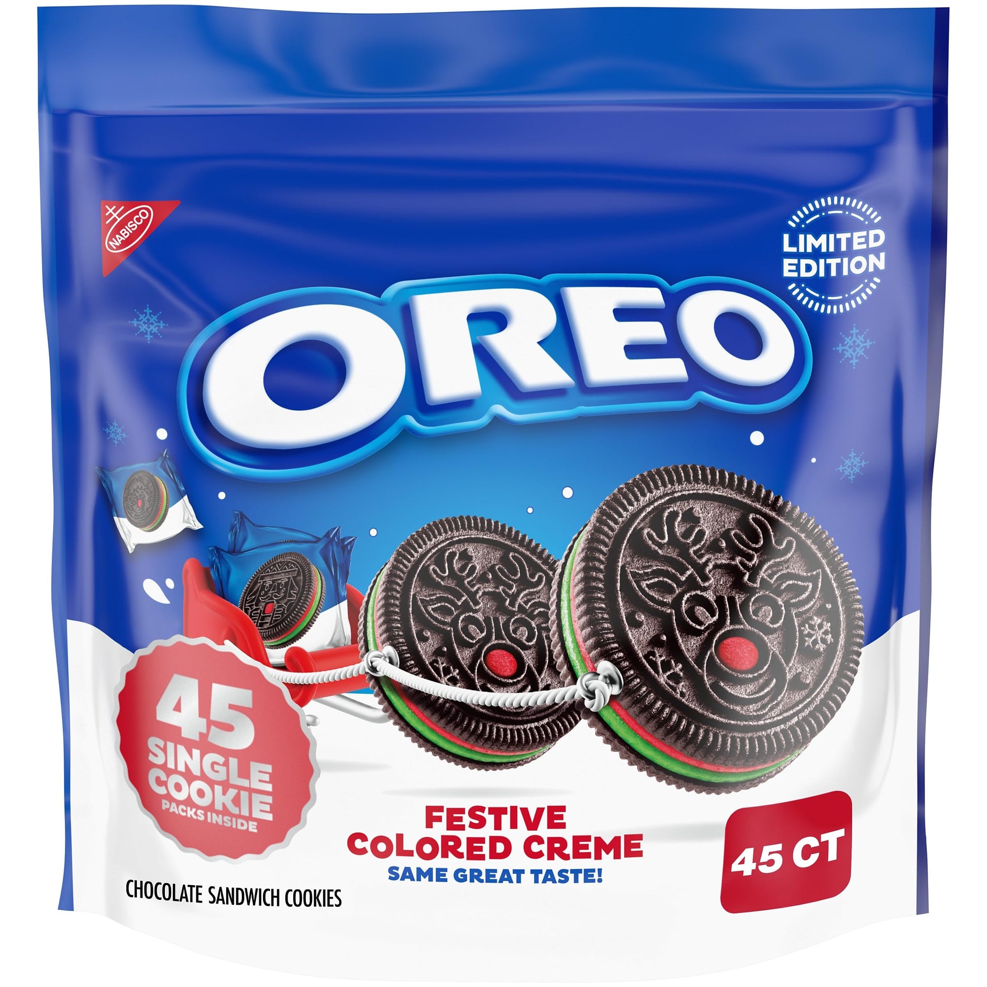 OREO Red and Green Festive Colored Creme Chocolate Sandwich Cookies  Limited Edition Holiday Cookies  45 Snack Packs (1 Per Pack)