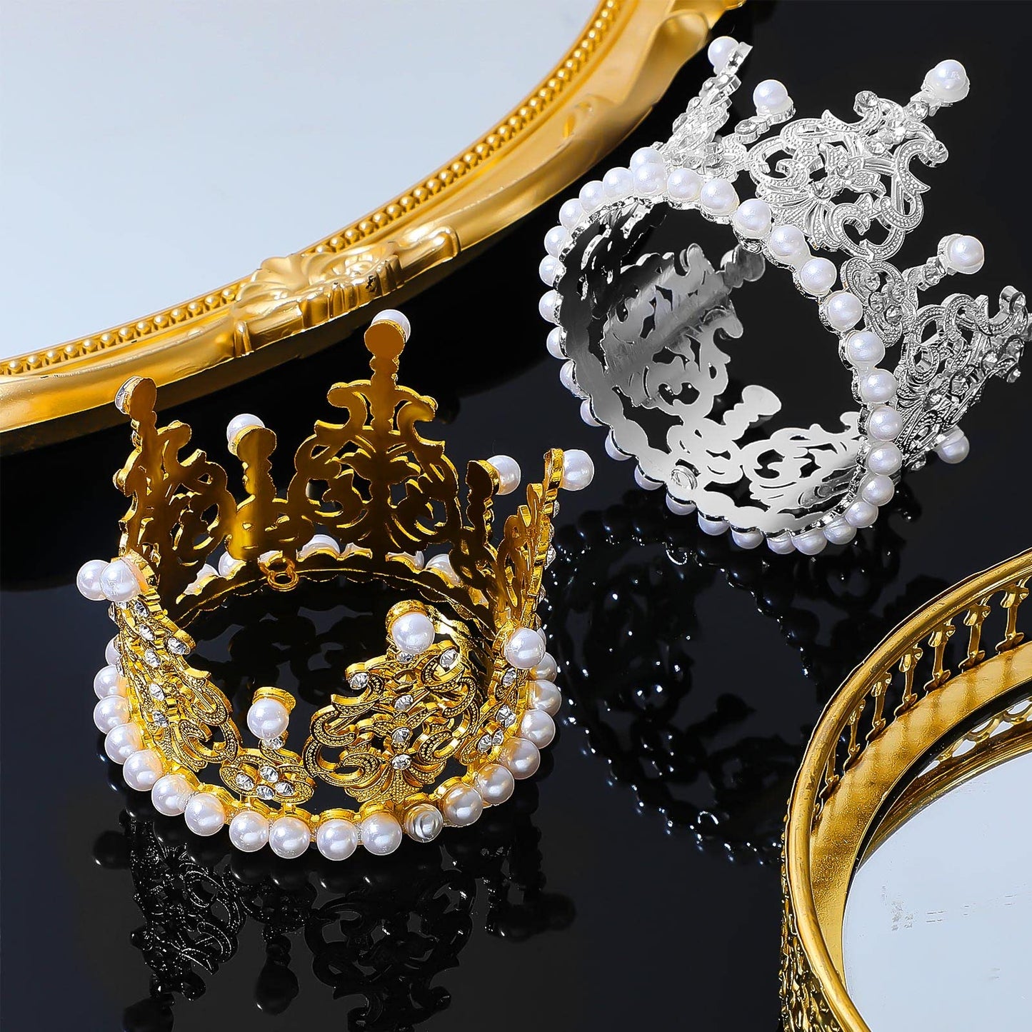 Moxweyeni Crown Cake Topper Set - 6 Pcs Artificial Pearl & Rhinestone Tiara for Birthday, Wedding, Baby Shower - Silver & Gold