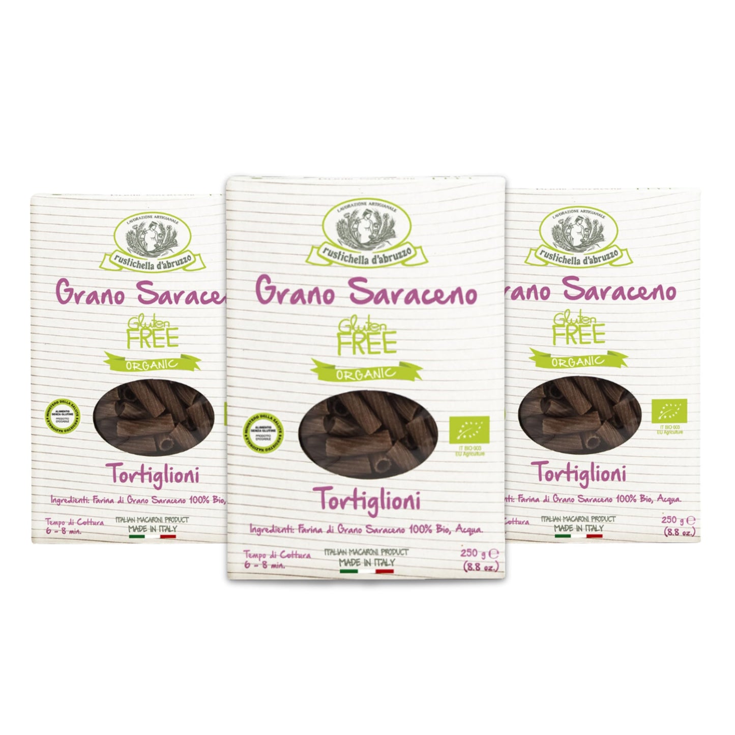 Rustichella D'Abruzzo Organic Buckwheat Tortiglioni (Pack Of 3), 250G Each - Gluten-Free Pasta With Distinct Buckwheat Flavor - Artisan Pasta From Italy