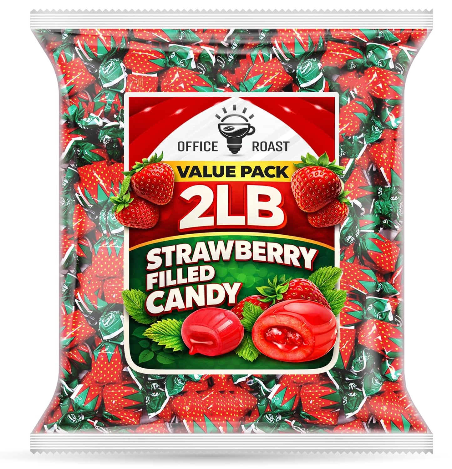 Strawberry Bon Bon Candy | 2 LB Value pack | - Individually Wrapped Fruit Hard Candies with Juicy Center, for Pinata Stuffers, P
