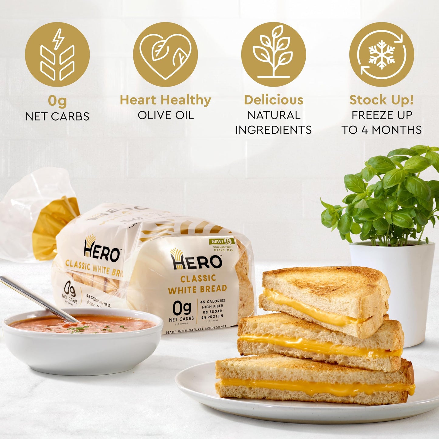 Hero Classic White Bread - Delicious Bread with 0g Net Carb, 0g Sugar, 45 Calories, 10g Fiber per Slice | Tastes Like Regular Br