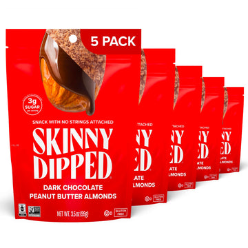 Skinnydipped Dark Chocolate Peanut Butter Almonds, Healthy Snack, Plant Protein, Gluten Free, 3.5 Oz Resealable Bags, (Pack Of 5