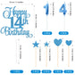 Lecferrarc 14th Birthday Cake Decorations Set, Glitter Happy 14th Cake Toppers and Candles, Blue, Paper