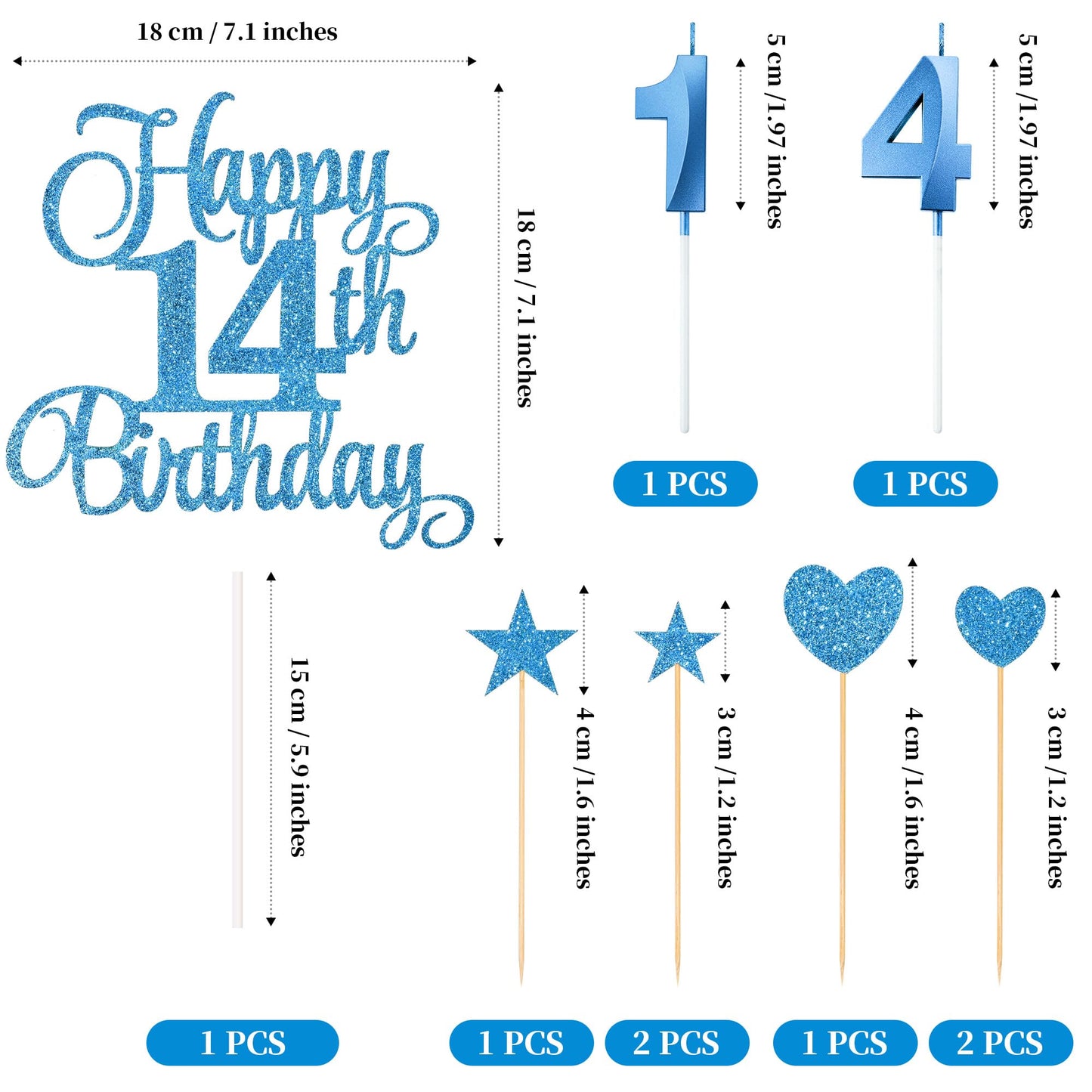 Lecferrarc 14th Birthday Cake Decorations Set, Glitter Happy 14th Cake Toppers and Candles, Blue, Paper