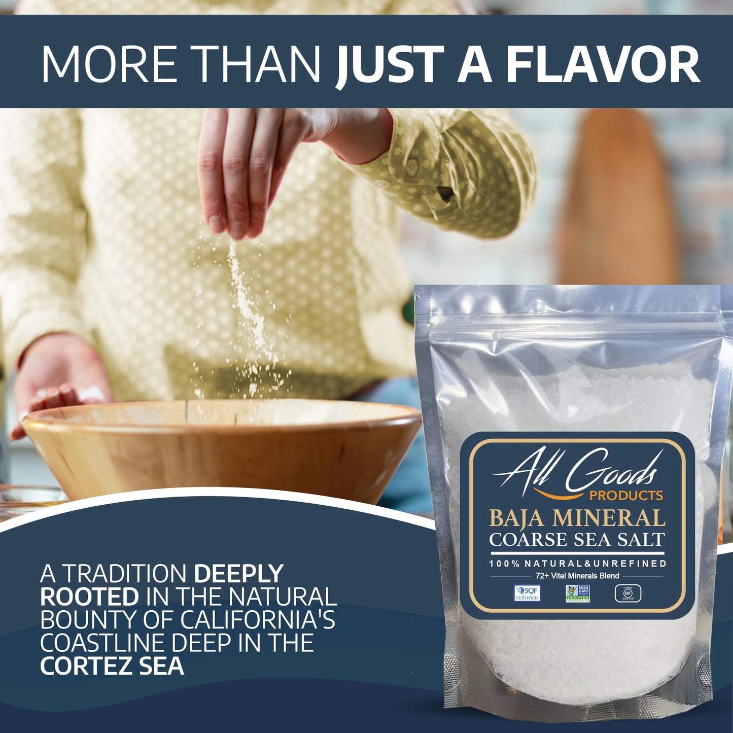 All Goods Products Baja Mineral Coarse Grain Sea Salt, 16 oz, Unrefined, Hand-Harvested, Kosher, 30% Low Sodium, Natural Salt from Mexico