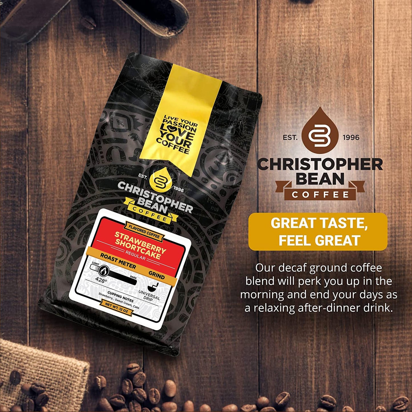 Christopher Bean Coffee - Strawberry Shortcake Flavored Coffee, (Regular Ground) 100% Arabica, No Sugar, No Fats, Made With Non-