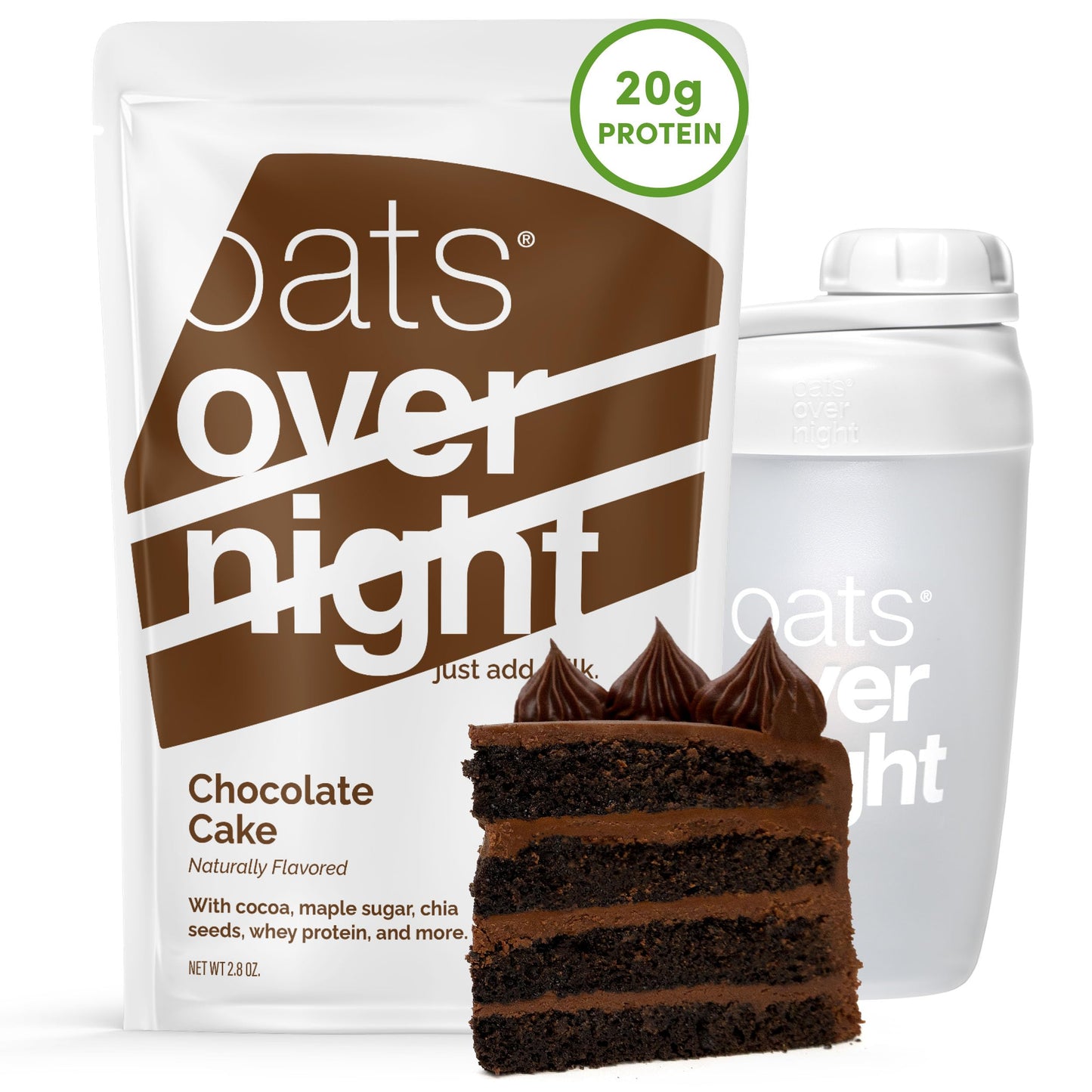 Oats Overnight Chocolate Cake - Overnight Oats With 20G Whey Protein  High Fiber Breakfast Protein Shake - Gluten Free Oatmeal  Non Gmo High Protein Oatmeal (2.8 Oz Per Meal) (8 Pack + Shaker Bottle)