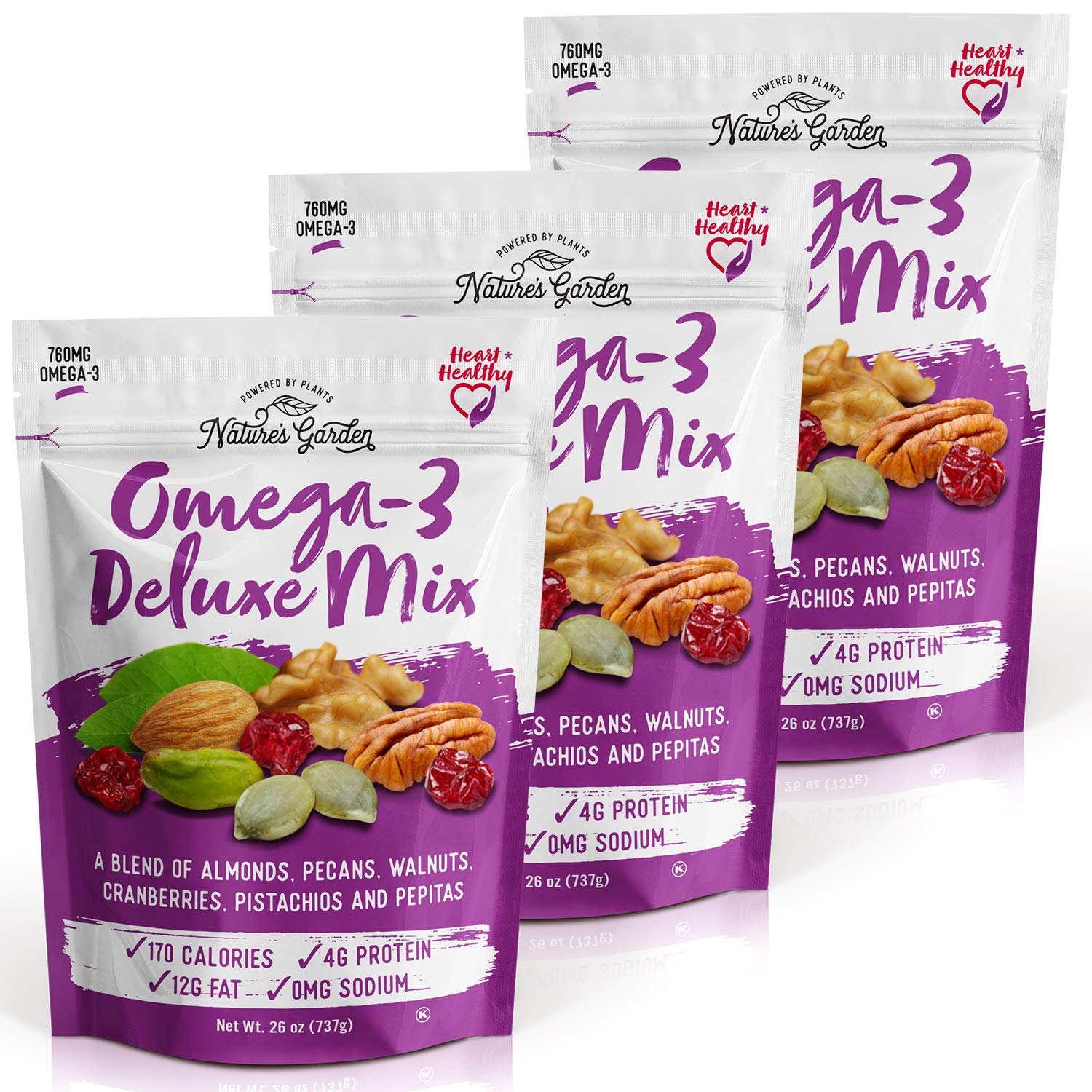 Natures Garden Omega-3 Deluxe Trail Mix, Gluten Free, Antioxidant Rich, 26 Oz Bag (Pack of 3)