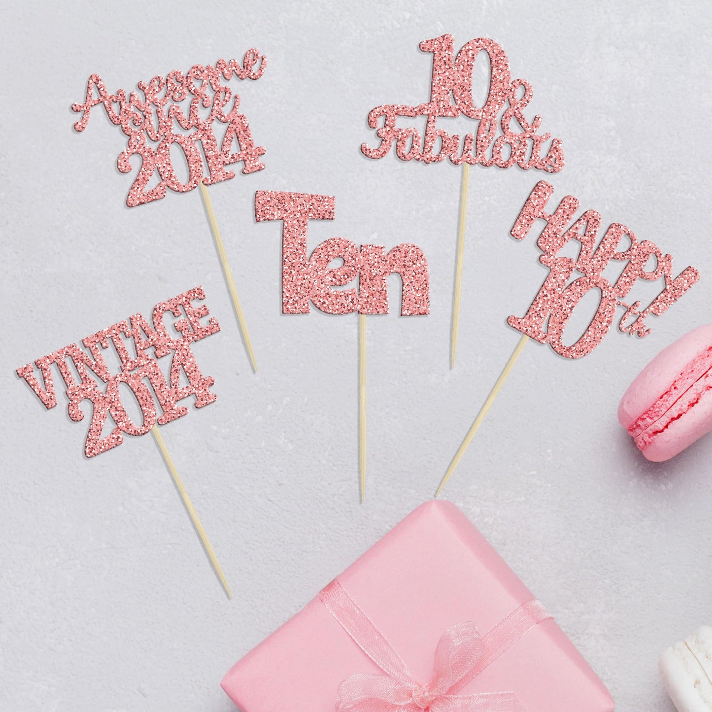 Gyufise 30Pcs Rose Gold Vintage 2014 Cupcake Toppers Glitter Number 10 Cheers To 10 Fabulous Double Digits Cupcake Picks 10Th Bi