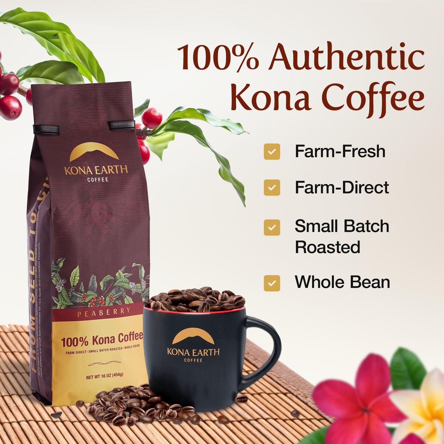 Kona Earth - Peaberry, 100% Kona Coffee, Whole Farm-Fresh Medium Dark Roast Coffee Beans, Micro-Batch-Roasted, 1 Lb., Pack Of 1