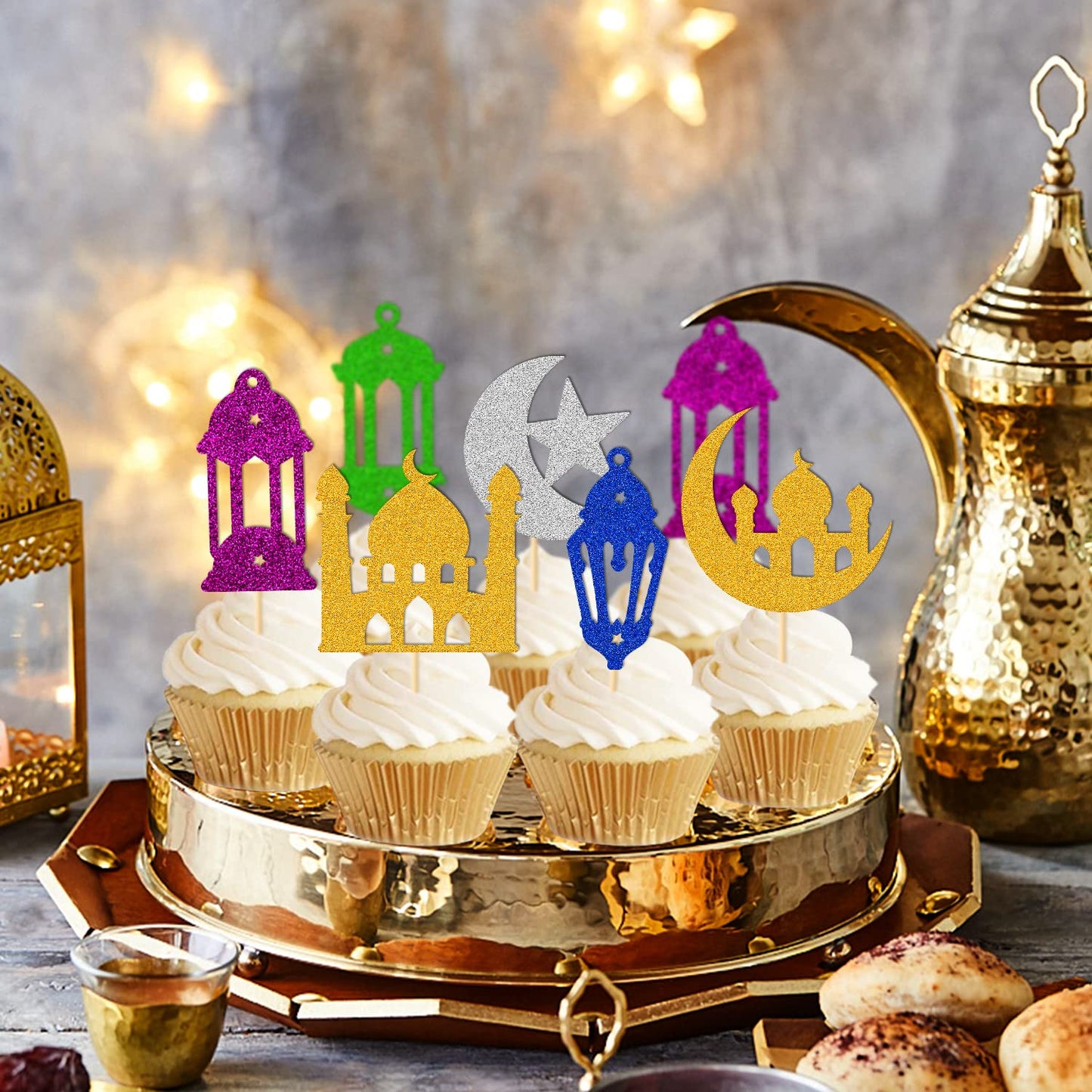 36 Pcs Eid Mubarak Cupcake Topper Star Moon Lantern Castle Theme Supplies For Muslim Islamic Eid Mubarak Festival Celebration Pa