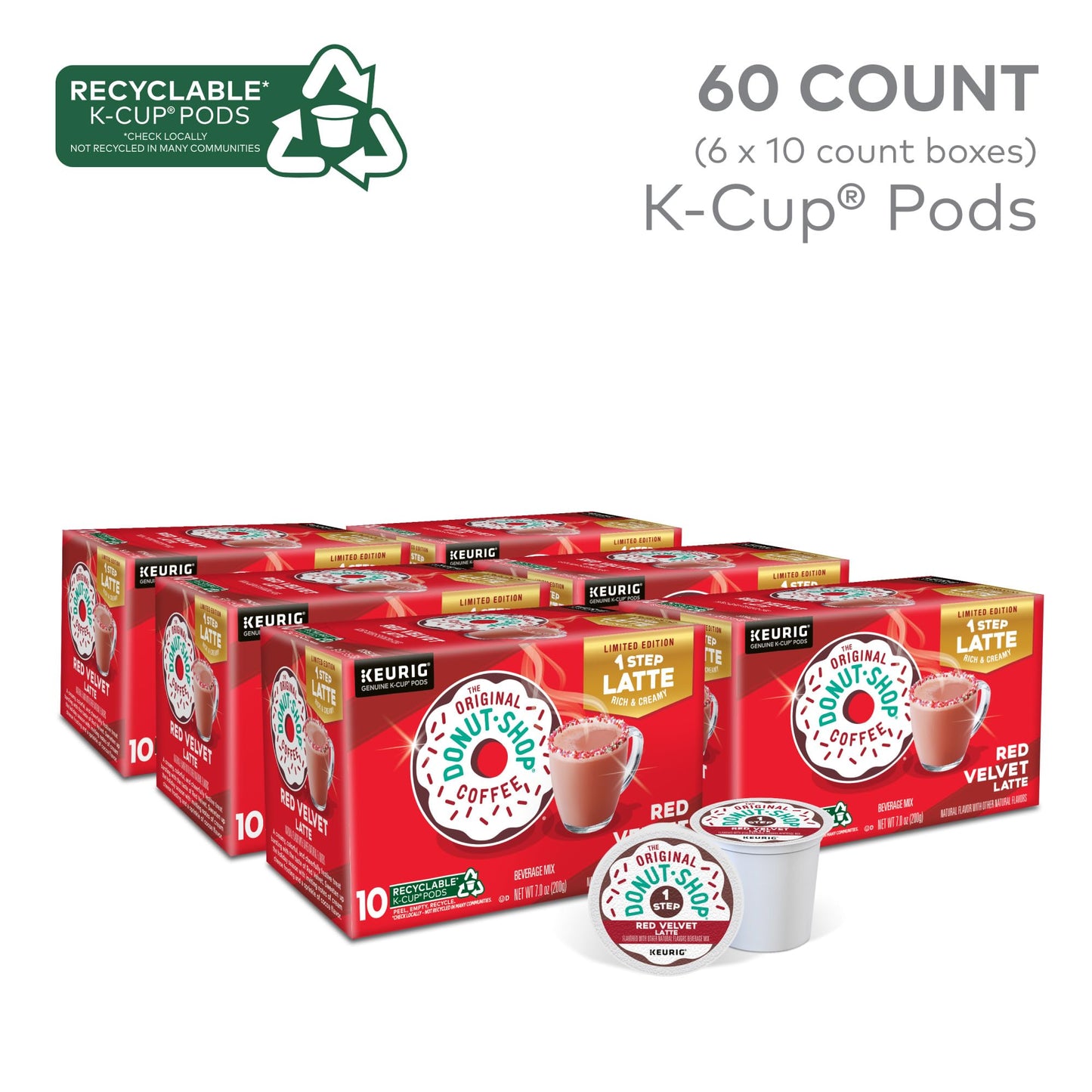 The Original Donut Shop Red Velvet Latte K-Cup Pods, 60 Count (6 Packs of 10) - Single Serve Coffee for Keurig