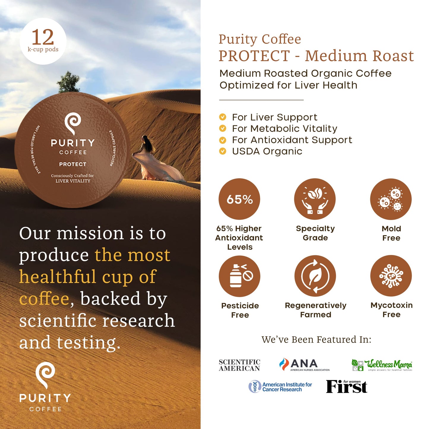 Purity Coffee Protect Highest Antioxidant Light-Medium Roast - Usda Certified Organic Specialty Grade Arabica Single-Serve Coffe