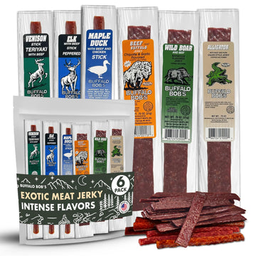 Buffalo Bob'S Wild Game Exotic Snacks (6 Pack), Beef Jerky Sampler Gift Pack For Men, Jerky Variety Gift Set, Jerky Snack Box, M