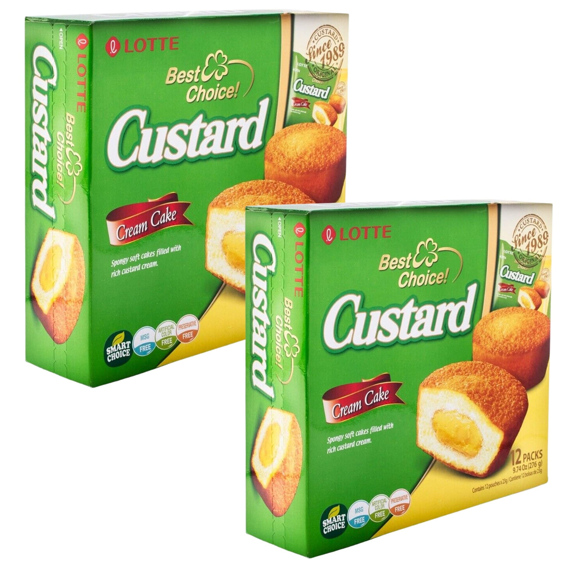Lotte Custard Cream Cake Snack, 12 Individually Wrapped, 1.62 Ounce Each, Total 19.48oz, 2 Pack