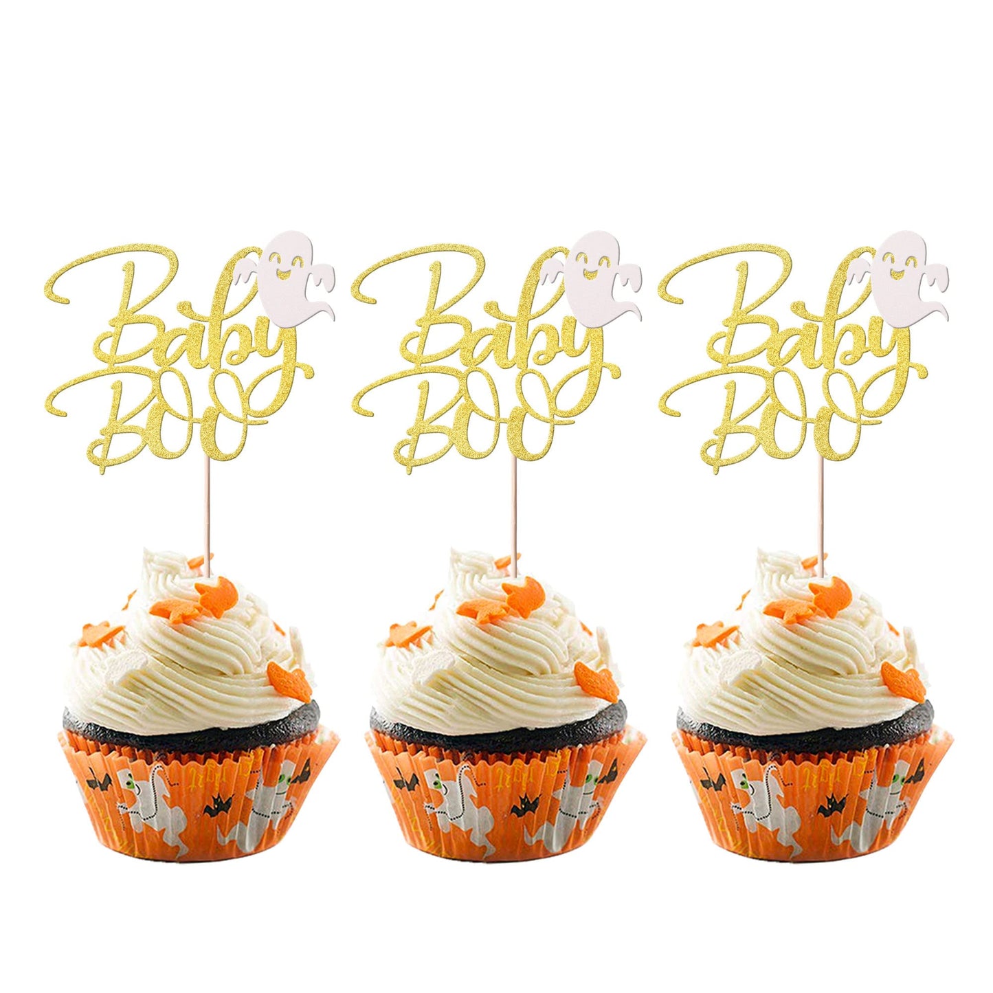 Rsstarxi 24 Pack Spooky Baby Boo Cupcake Toppers Glitter Ghost Little Boo Cupcake Picks Baby Shower Cake Decorations For Halloween Theme Kids Boys Girls Birthday Party Supplies Gold