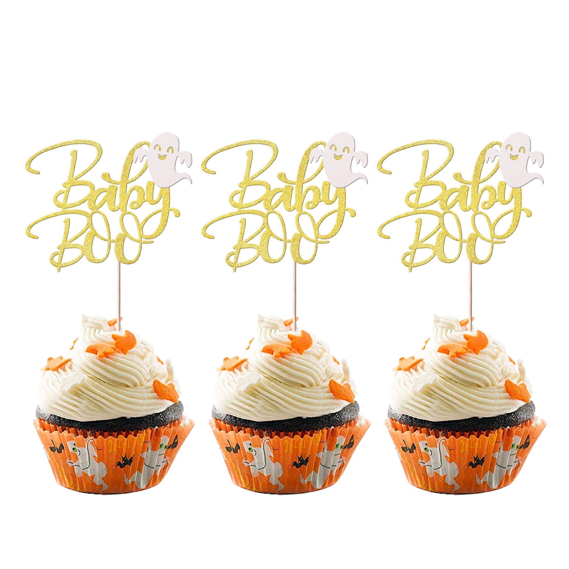 Rsstarxi 24 Pack Spooky Baby Boo Cupcake Toppers Glitter Ghost Little Boo Cupcake Picks Baby Shower Cake Decorations For Halloween Theme Kids Boys Girls Birthday Party Supplies Gold