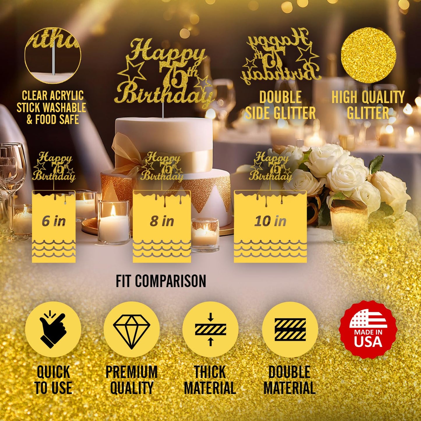 RokAPary 75th Birthday Cake Topper Gold Glitter, Acrylic, Sturdy Double-Sided, 1 Count