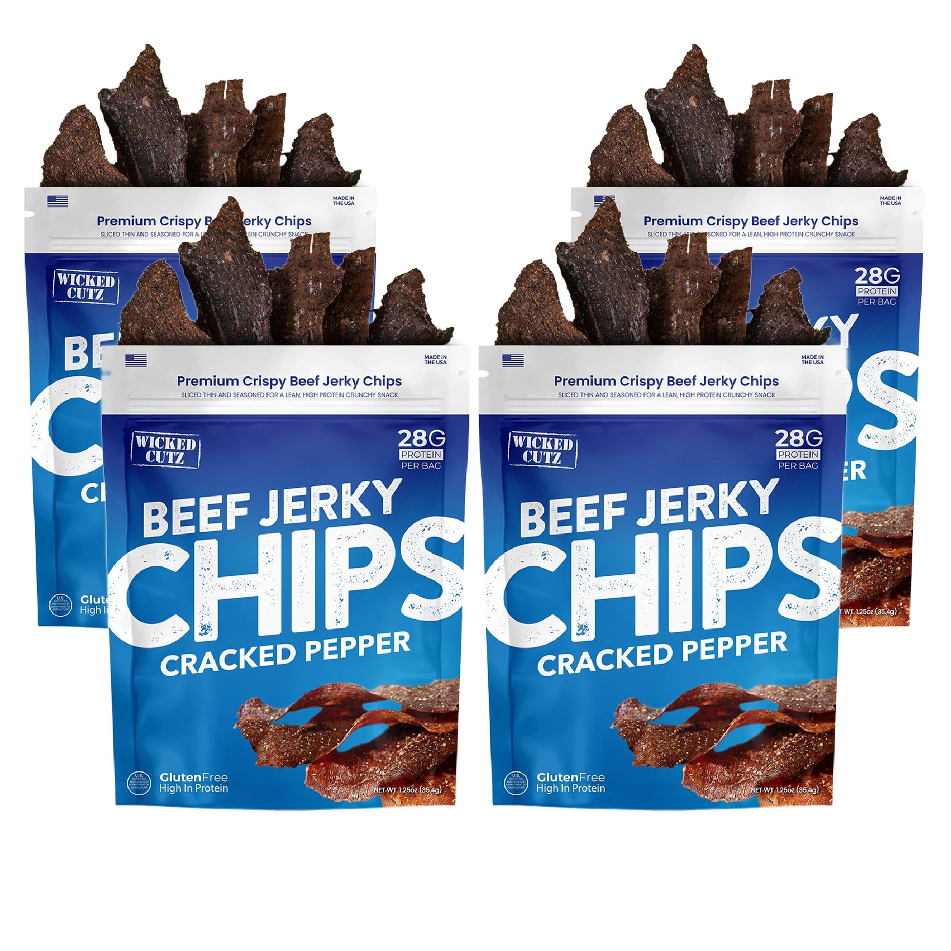 Wicked Cutz ed Pepper Beef Jerky Chips  28g Protein per Bag  Crispy & Crunchy Beef Jerky Crisps  USA Made Pepper Flavored Chips  High Protein Carnivore Snacks (4 Bags)